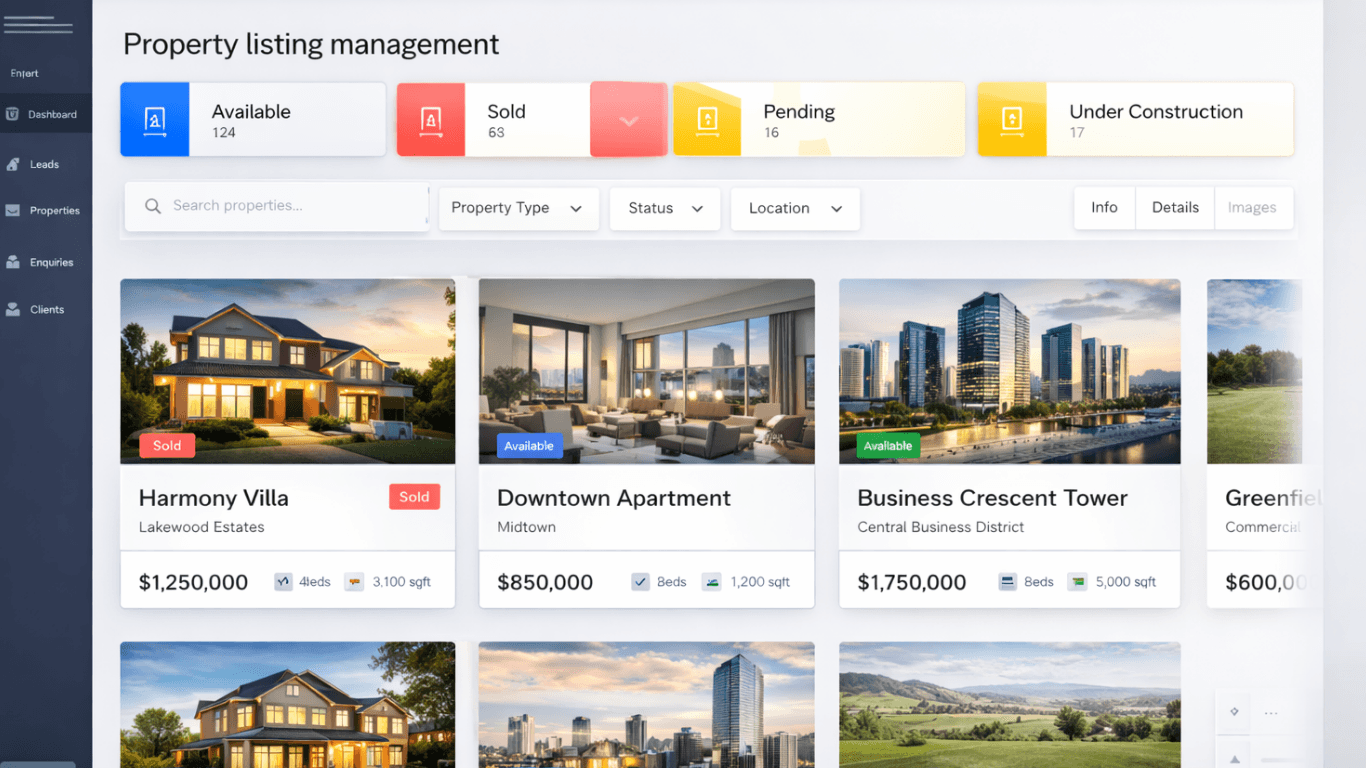 Dashboard UI with villas, apartments, residential plots, and commercial properties